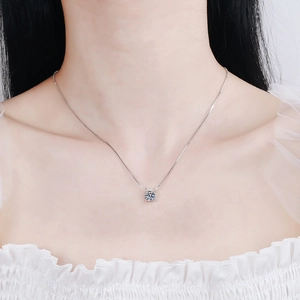 Elegant s925 silver necklace with brilliant round moissanite pendant worn by model