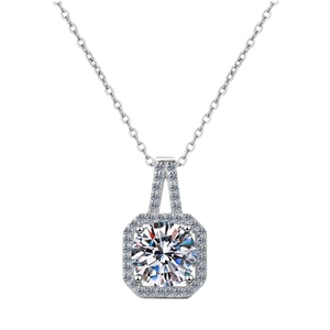 S925 sterling silver square pendant necklace with round moissanite and halo setting