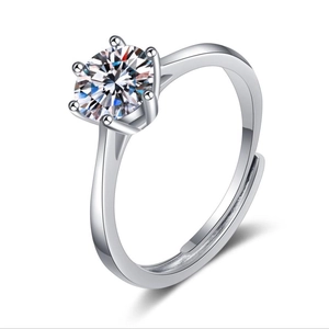 Bague solitaire en argent S925 avec moissanite à six griffes et anneau ajustable