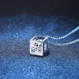 Moissanite sugar cube pendant necklace in S925 sterling silver with a brilliant round stone
