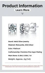 Detailed spec sheet for S925 sterling silver moissanite stud earrings with size details