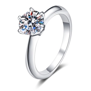 Classic six-prong crown solitaire engagement ring with round cut sparkling gemstone