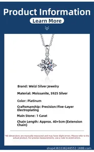Detail of S925 silver necklace with 1 carat moissanite and 40+5cm platinum chain specs