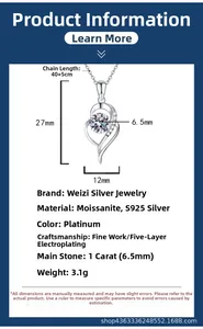 Détails du collier cœur en argent s925 avec moissanite 1ct et dimensions précises
