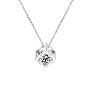 Modern s925 silver cube necklace with 1ct moissanite pendant on a white background