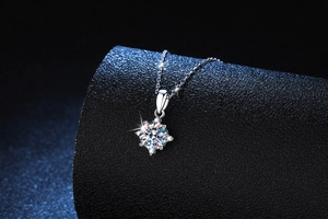 Close-up of S925 sterling silver necklace featuring a sparkling round cut moissanite pendant