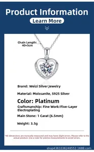 Detail showing s925 silver heart necklace specs with 1 carat moissanite and 45cm chain