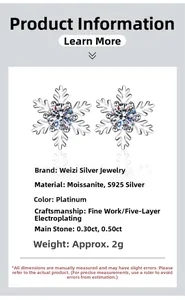 Moissanite snowflake earrings in s925 silver with 0.3ct and 0.5ct size specifications
