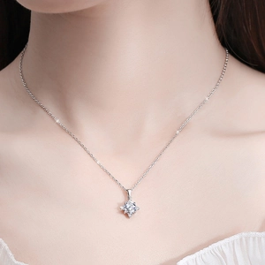 Elegant S925 sterling silver necklace with a square cut moissanite pendant on model