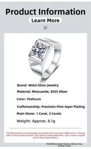 Detail view of men's S925 silver moissanite ring with platinum finish and 4-prong setting