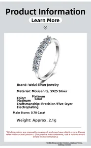 Detail view of seven-stone moissanite ring with S925 sterling silver platinum plating
