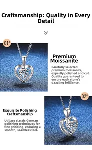 Detail of s925 silver heart necklace showing brilliant moissanite and prong setting