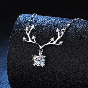 S925 Sterling Silver Moissanite Antler Pendant Necklace For Women Round Bright Cut Simulated Diamond Clavicle Chain Jewelry Gift