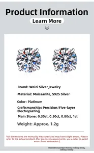 Detailed specs of S925 sterling silver four-claw moissanite stud earrings in platinum color