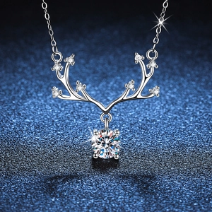 Elegant S925 silver reindeer antler necklace with a sparkling Moissanite diamond pendant