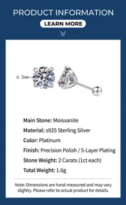 Detail showing 6.5mm moissanite earrings with classic four-claw S925 silver setting