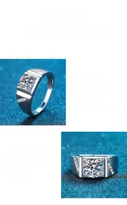 Macro shot of square-cut moissanite stone and side pavé setting on men's silver ring