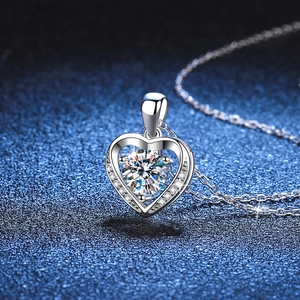 S925 sterling silver heart necklace with moissanite pendant on dark background