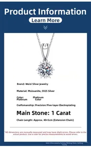 Detailed spec sheet showing S925 silver snowflake necklace with 1ct moissanite stone