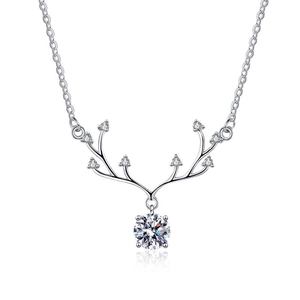 Elegant S925 sterling silver antler necklace with round moissanite pendant on white background