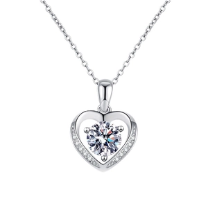 S925 sterling silver heart necklace with moissanite center stone on white background