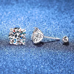 Classic 925 sterling silver four-prong round moissanite stud earrings with screw backs