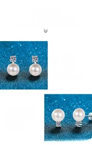 Detailed close-up of S925 silver stud earrings with moissanite and round white pearl