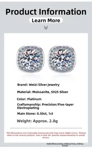 Detailed specs of S925 silver square moissanite earrings with platinum plating and dimensions