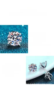 Macro detail of round-cut moissanite earrings with four-prong S925 silver setting