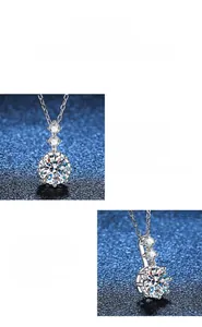 Macro shot of 925 silver three-stone moissanite pendant with classic six-prong setting