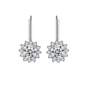 Boucles d'oreilles halo tournesol en argent S925 avec moissanite ronde et fini or blanc