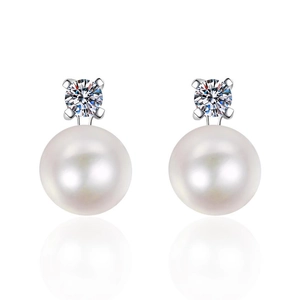 Elegant S925 sterling silver stud earrings with round white pearls and sparkling moissanite