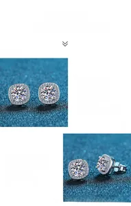 Macro detail of S925 silver moissanite earrings with princess cut halo setting