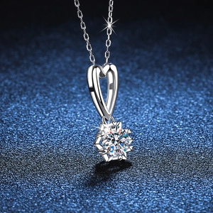 S925 sterling silver snowflake heart necklace with 1 carat moissanite and starry background
