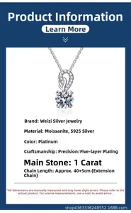 Detail view of 1 carat moissanite pendant with S925 silver chain length specifications