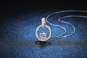 Close-up of S925 sterling silver necklace with circular pendant and moissanite stones