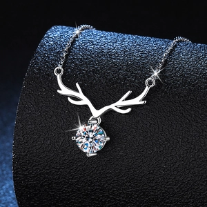 S925 sterling silver deer antler necklace with 1 carat moissanite on black base