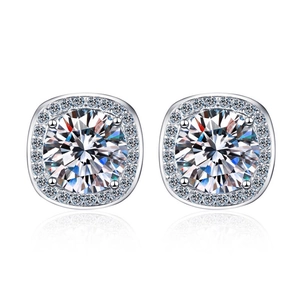 Elegant S925 sterling silver halo stud earrings with round moissanite in square frame