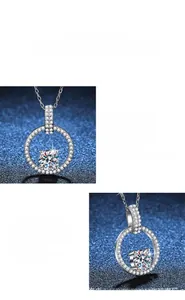 Macro detail of S925 silver moissanite necklace featuring a round halo pendant design