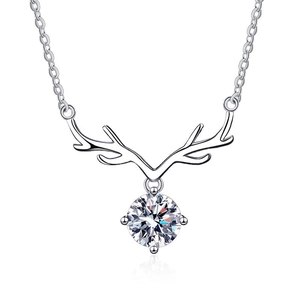 Elegant S925 sterling silver deer antler necklace with a 1ct moissanite round pendant