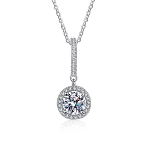 Classic S925 silver necklace with a 1-carat round halo moissanite pendant on white background