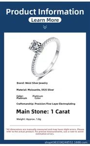 Detail view of 1 carat moissanite ring with six-prong setting and S925 silver band