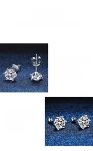 Macro detail of S925 sterling silver stud earrings with six-prong moissanite setting