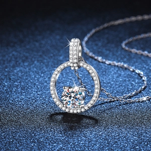 S925 sterling silver necklace featuring 1 carat moissanite pavé ring pendant on deep background