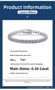 Detailed view of S925 silver moissanite tennis bracelet with product dimensions and specs