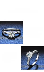 Detailed view of S925 sterling silver ring with six-prong moissanite and side stones