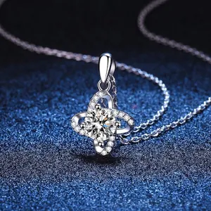 Collier Pendentif en Argent Sterling S925 Moissanite pour Femme 1 Carat Couleur D Fleur Trèfle Zirconia Bijoux