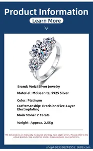 Detail view of 2ct Moissanite S925 sterling silver ring with platinum plating specs