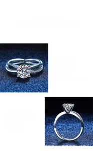 Détail macro de bague moissanite en argent S925 avec diamants pavés et serti à griffes