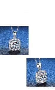 Detailed close-up of polished S925 silver cushion cut moissanite pendant with halo setting